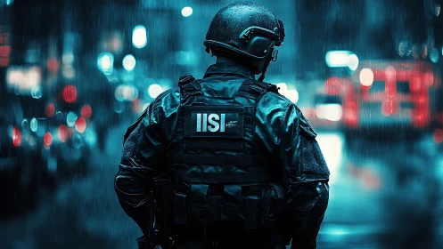 Armored officer watches neon city streets under cold rain