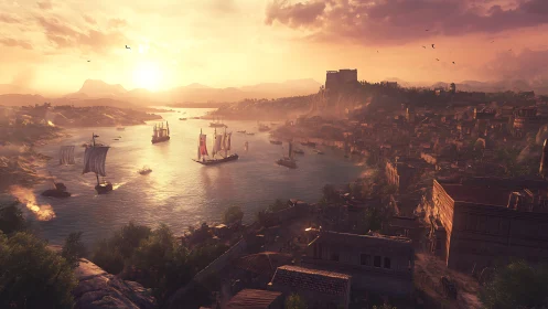 Golden harbor at sunset with ancient ships and hillside city.