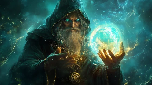 Storm-eyed astral wizard cradles a roaring newborn star