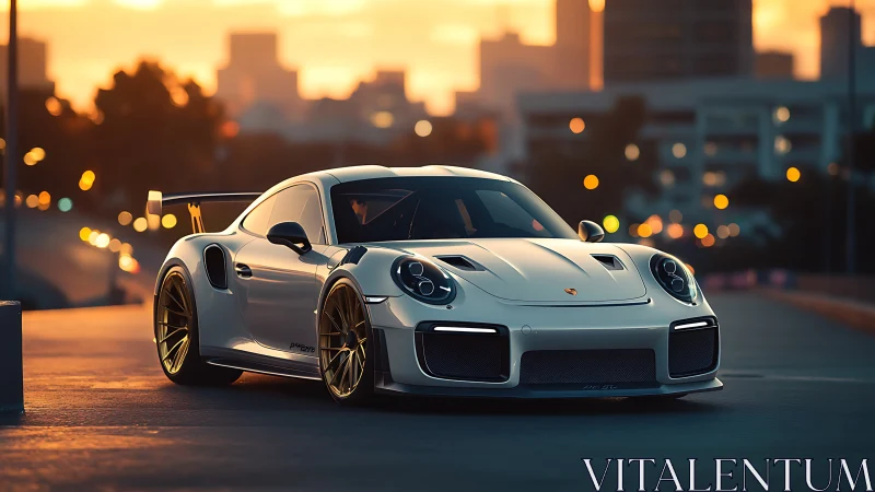 White widebody track coupe at sunset in urban rooftop setting