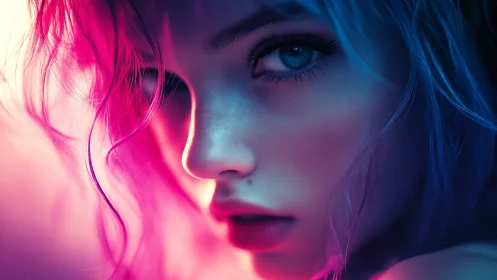 Neon-lit close-up portrait captures an enigmatic digital gaze