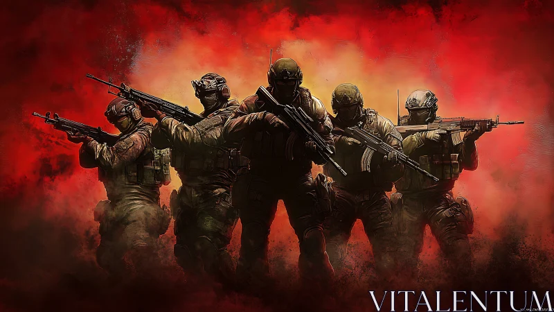 Squad of tactical heroes stepping through scarlet smoke.