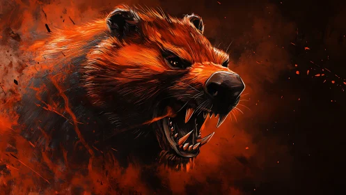 Ferocious bear head roaring amid intense red smoke.