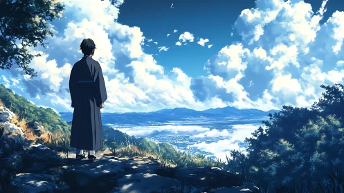 Kimono-clad observer on escarpment above stratified valley cloud.