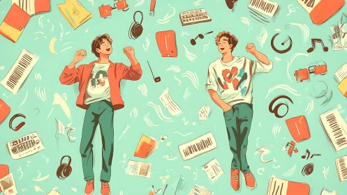 Two teens float amid scattered digital music gear on teal ground