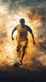 Blazing soccer moment frozen in a storm of golden sparks.
