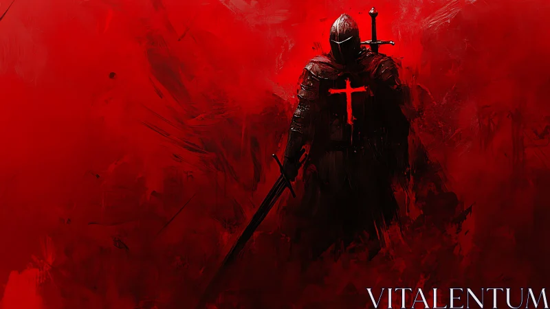 Crusader knight silhouette dominates crimson battlefield