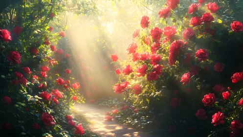 Sunlit garden path lined with dense blooming red roses.