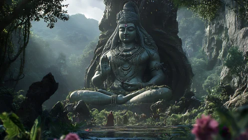 Serene jungle deity statue cradled by misty emerald cliffs.