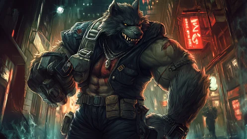Battle-scarred werewolf guardian roaming neon city streets.
