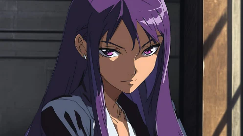 Confident purple haired heroine meeting your steady gaze.