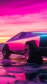 Futuristic truck glowing under a bold neon sunset sky.
