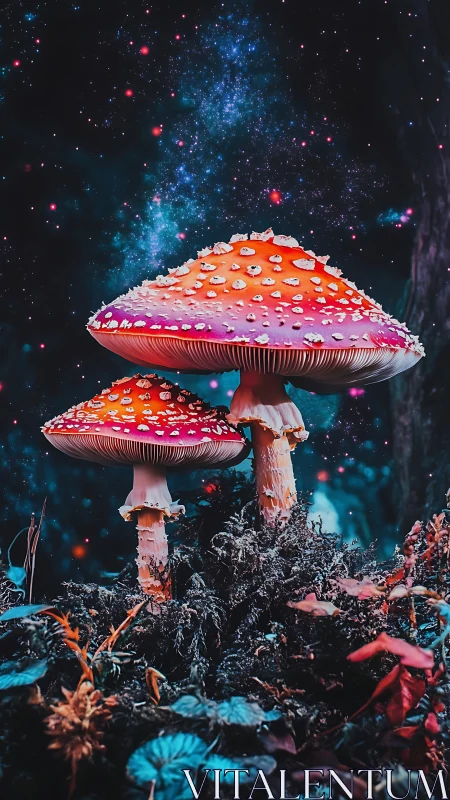 Star-dusted forest toadstools under a cosmic midnight sky.