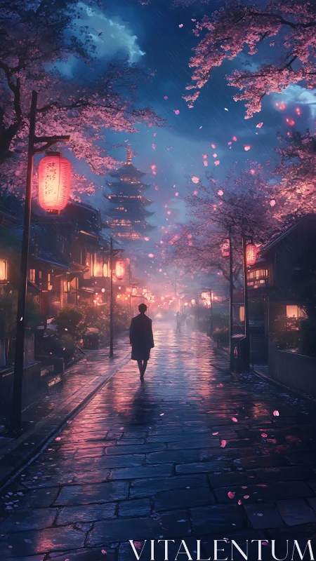 Cherry blossom dusk street glows with lantern reflections.