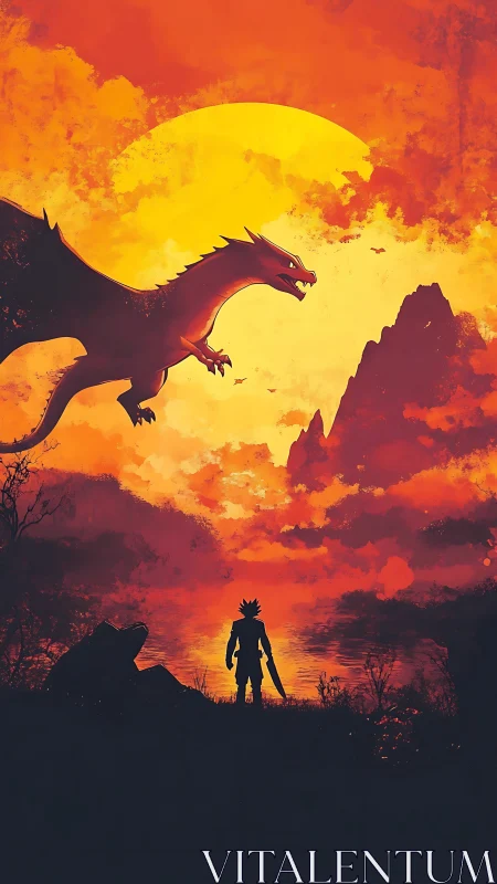 Silhouetted warrior confronts airborne dragon at incandescent sunset