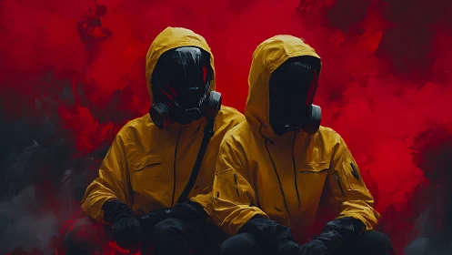 Companions in yellow hooded gear amid swirling red haze.