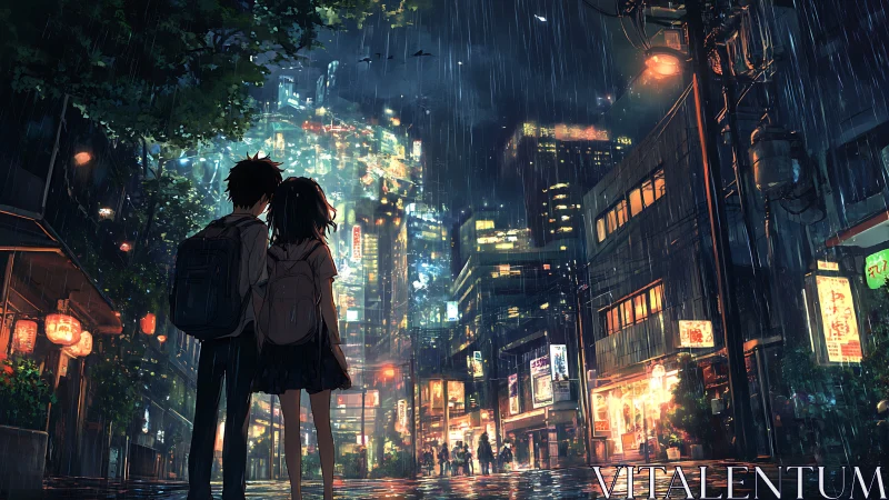 Two students share a quiet moment in a neon city rainstorm