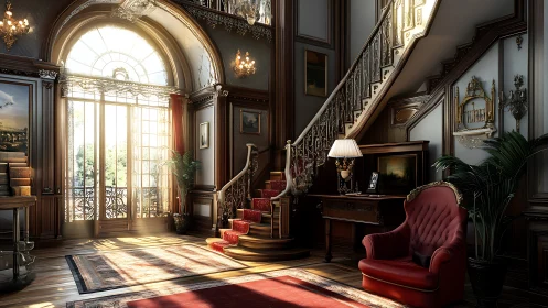 Morning gold tiptoes through a grand Victorian stair hall