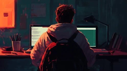 Backlit coder at dual monitors in nocturnal workstation study.