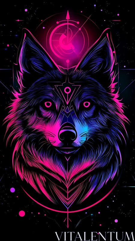 Neon cosmic wolf totem under radiant magenta halo.
