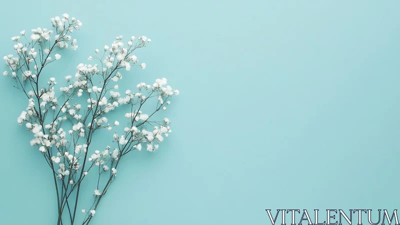 Gypsophila stems on cyan negative space background study.