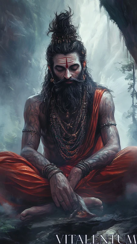 Digital painting of meditating ascetic in misted gorge.