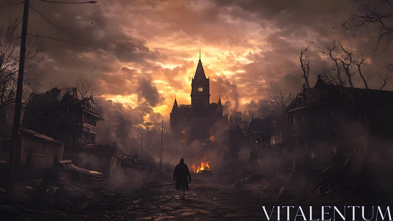 Solitary figure in ruined town street toward burning tower.