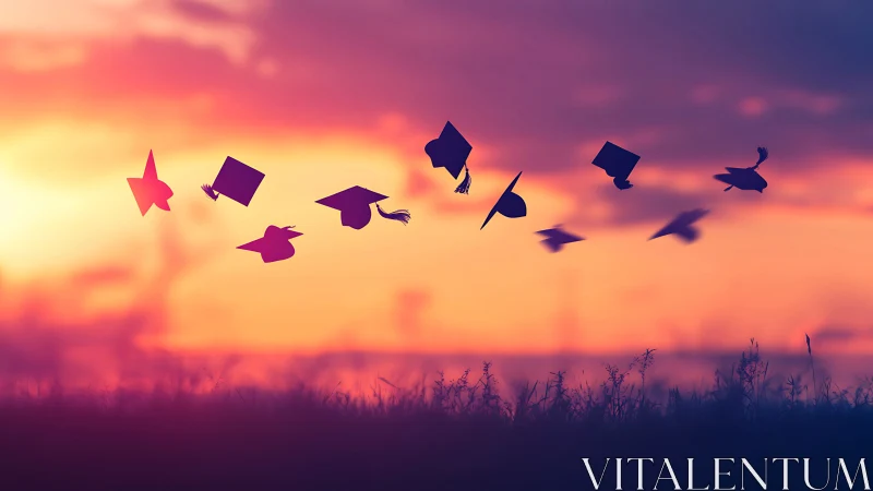Graduation caps arc across colorful sunset sky in silhouette