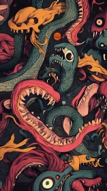 Surreal serpent hydra with chaotic monstrous jaws.