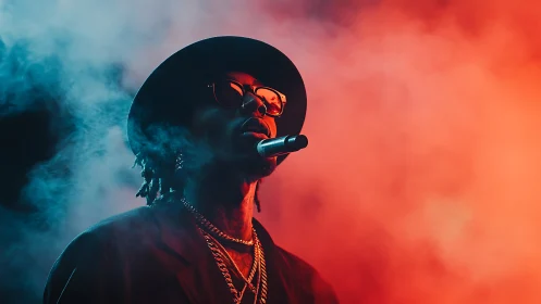 Male performer in hat and glasses amid colored stage smoke.