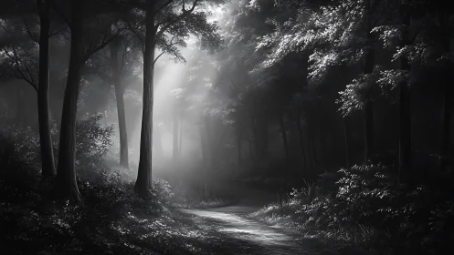 Mystical Forest Path Through Morning Mist.