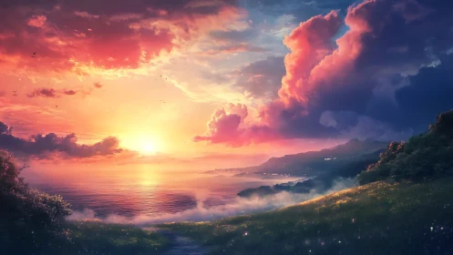 Sunset light intersects coastal hills, sea and stratified clouds