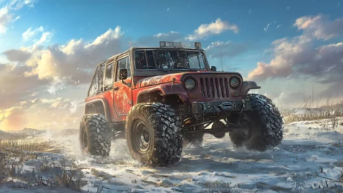Lifted red off-road jeep powers through frozen tundra
