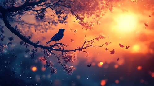 Tranquil Bird Silhouette on Blossom Branch at Vibrant Sunset.
