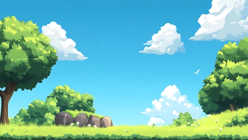 Sunlit cartoon meadow under vivid blue summer sky.