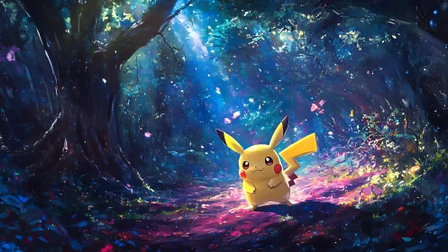 Pikachu strolls through a glitch-bright electric twilight grove