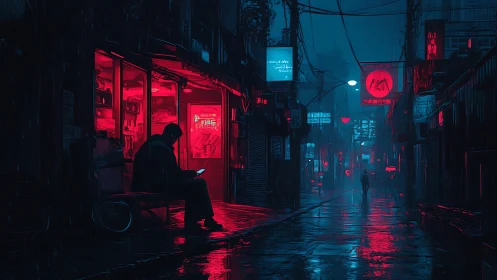 Neon rainwalk through a lonely cyberpunk alley at night.