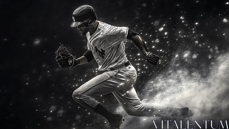 Streaking baseball runner carves light from storming dust.