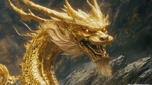 Golden dragon roars amid shadowed cliffs in blazing detail