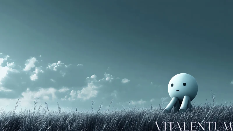 Melancholic figure contemplates under a wide, muted sky.