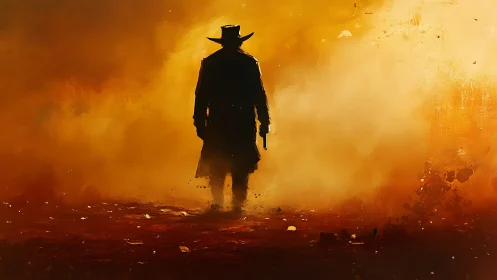 Lone gunslinger silhouette advances through incandescent dust haze