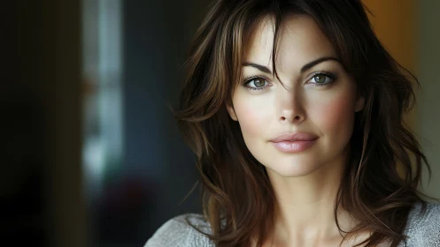 Gentle portrait captures calm green eyes and soft expression