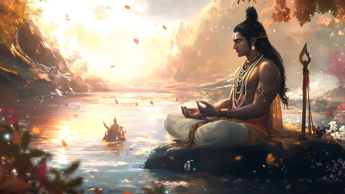 Tranquil river meditation welcomes soft golden evening light