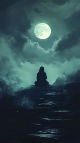 Solitary meditator silhouetted under luminous full moon
