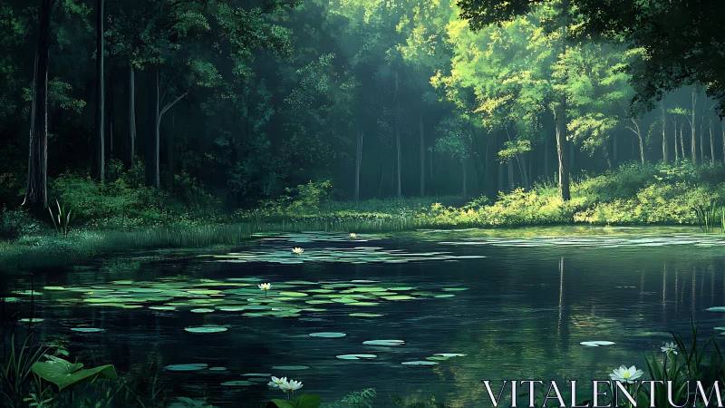 Forest lake with lily pads reflecting tall trees in still water