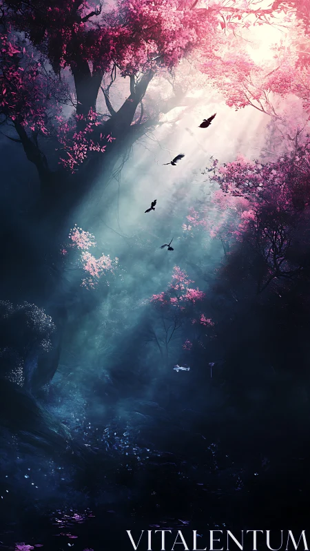 Enchanted dusk grove where pink starlight drinks the mist.