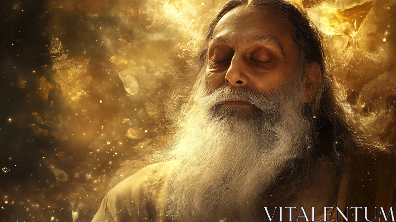 Serene elder meditates within radiant cosmic golden aura
