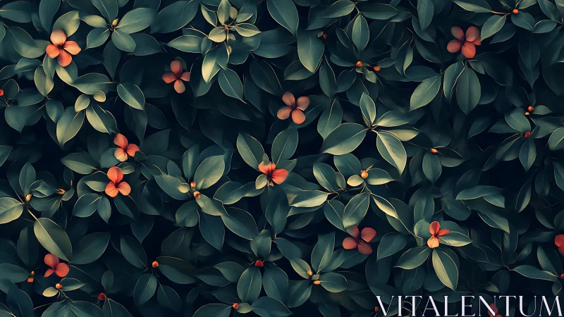 Dark green foliage fills frame with scattered orange flowers