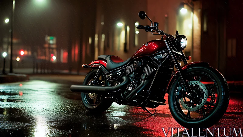 Red and black cruiser motorcycle on wet night street.