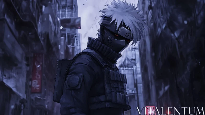 Masked white-haired figure in tactical gear on city street.